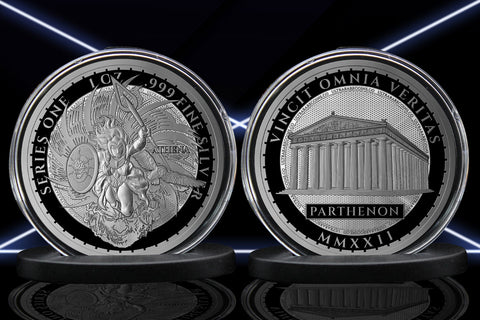 Greek Mythology Series 1 - #3 of 12 - Athena 1 oz Fine Art Round .999 Fine Silver - Front and Back Images