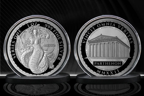 Greek Mythology Series 1 - #4 of 12 - Medusa 1 oz Fine Art Round .999 Fine Silver Image Front and Back